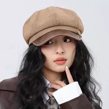 Однотонная хлопковая и льняная восьмиугольная кепка женская сшитая кожаная кепка газетчика британский берет чёрный