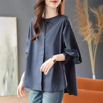 Однотонная хлопковая рубашка с круглым вырезом и длинными рукавами, осенняя новая простая рубашка, кардиган для женщин M