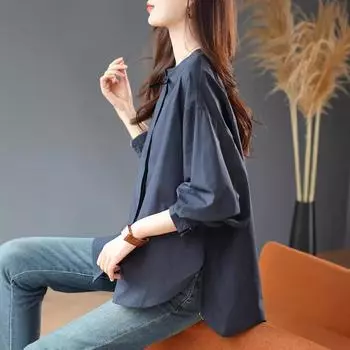 Однотонная хлопковая рубашка с круглым вырезом и длинными рукавами, осенняя новая простая рубашка, кардиган для женщин M