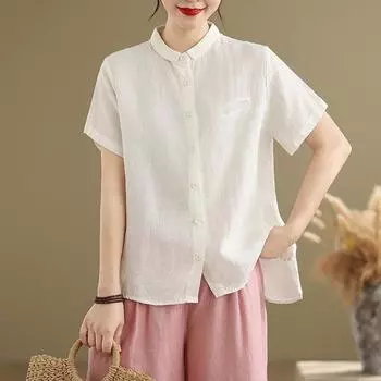 Однотонная хлопково-льняная рубашка женская 2025 лето новая повседневная универсальная свободная с воротником поло с коротким рукавом кардиган топ M белый