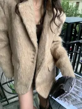 Однотонная Элегантная Винтажная Меховая Куртка Женская Новая Мода Сладкое Свободное Офисное Пальто Женское Корейское Дизайнерское Повседневная Уличная Одежда 2024 S серый