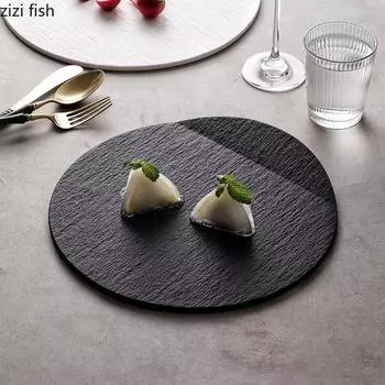 Однотонная керамическая тарелка с узором из камня и скошенным краем, плоская тарелка для стейка, десерта, суши, творческая посуда для молекулярной кухни