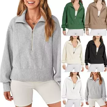 Однотонная короткая толстовка для женщин с отворотом и застежкой-молнией с длинным рукавом в стиле пэчворк, повседневная простая модная свободная теплая удобная пуловерная толстовка S чёрный