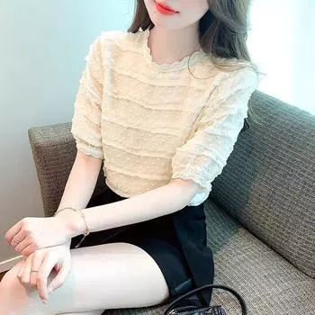 Однотонная кружевная рубашка с пышными рукавами и оборками, женская элегантная шифоновая блузка с круглым вырезом, женская облегающая милая повседневная блузка, женские топы 24191 S абрикосовый