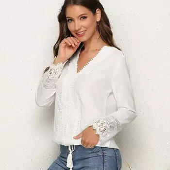 Однотонная кружевная шифоновая рубашка с v-образным вырезом и v-образным вырезом, женская винтажная белая блузка с длинным рукавом, женская элегантная тонкая полая женская рубашка Mujer 28620 S абрикосовый