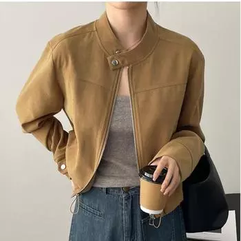 Однотонная куртка больших размеров, модная повседневная свободная тонкая тонкая верхняя одежда с длинными рукавами, женское универсальное короткое пальто в любое время года S коричневый