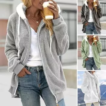 Однотонная куртка на молнии с длинными рукавами, теплое плюшевое пальто с капюшоном, удобная повседневная одежда, женская уличная одежда M светло-серый