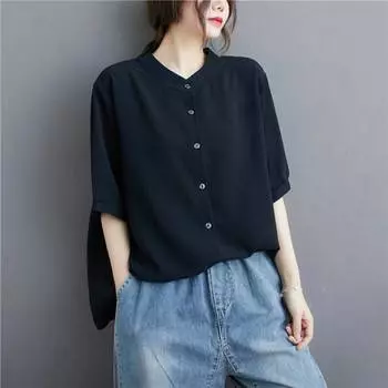 Однотонная летняя блузка больших размеров для женщин с рукавом пять четвертей, воротником-стойкой, универсальным топом one size чёрный