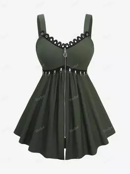 Однотонная майка Rosegal размера плюс с открытой спиной и застежкой-молнией с отделкой на крючках и ушками L зелёный/глубокий