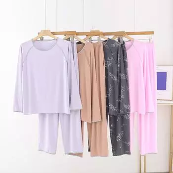 Однотонная модальная женская пижама на все времена с длинными рукавами, брюки с круглым вырезом, домашний костюм с модным шитьем One Size серый