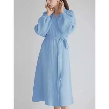 Однотонная одежда для сна, женский халат, рукава-фонарики, халат-кимоно, ночная рубашка с длинным рукавом, хлопковые халаты, женская домашняя одежда, халаты S синий