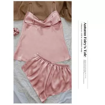 Однотонная пижама из ледяного шелка для женщин, тонкий домашний комплект с шортами на подтяжках, сексуальный и легкий комплект из двух предметов для дома S