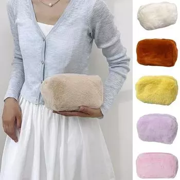 Однотонная плюшевая косметичка большой емкости на молнии портативная многофункциональная женская и девчачья фиолетовый