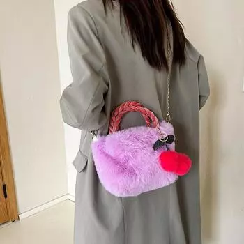 Однотонная плюшевая вишневая квадратная сумка женская универсальная модная сумка-мессенджер через плечо с цепочкой зимняя маленькая сумка-тоут One Size чёрный