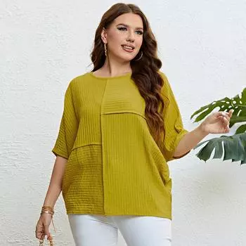 Однотонная полосатая рубашка с круглым вырезом и принтом для женщин. Лоскутная пуловер с короткими рукавами. Марлевая рубашка. Повседневная свободная дышащая летняя рубашка. Топ для работы и отдыха. XL жёлтый