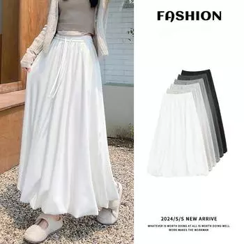 Однотонная повседневная длинная юбка для женщин, осенняя модная женская юбка-фонарик, женская корейская эластичная юбка А-силуэта с высокой талией S белый