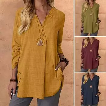 Однотонная простая блузка с V-образным вырезом и длинными рукавами, свободный топ из хлопка и льна для женщин больших размеров S жёлтый