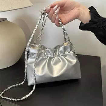Однотонная простая иностранная сумка на шнурке, женская сумка-мессенджер с цепочкой, сумка-ведро серебряный
