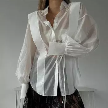 Однотонная прозрачная женская рубашка для повседневной носки с лацканами, длинным рукавом, на одной пуговице, на шнуровке, женская блузка 2025 года, весна-лето, элегантный офисный женский топ S белый