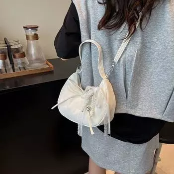 Однотонная ПУ сумка-хобо большой емкости французского стиля элегантная сумка через плечо с бантом для девочек/женщин Silver