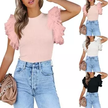 Однотонная пуловерная рубашка с трикотажной сеткой в стиле пэчворк и рюшами на рукавах L чёрный