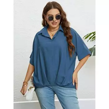 Однотонная пуловерная рубашка с v-образным вырезом для женщин, свободная летняя футболка с воротником и короткими рукавами, повседневная модная рубашка для поездок на работу, дышащая легкая рубашка плюс XL жёлтый