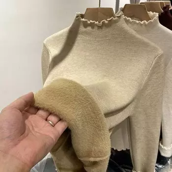 Однотонная ретро-плюс бархатная стеганая трикотажная рубашка женская осень-зима новая мода с длинными рукавами повседневный пуловер S чёрный