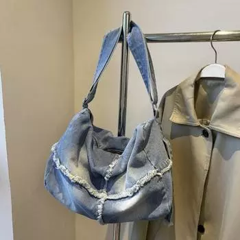 Однотонная ретро-сумка-тоут, модная простая плиссированная сумка через плечо, джинсовая женская сумка для поездок на работу