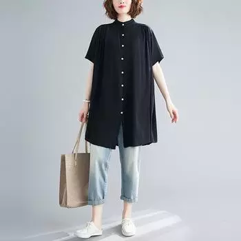 Однотонная рубашка А-образного хлопкового кроя, женская одежда больших размеров, свободная и с пышной грудью, 100 кг, воротник-стойка, нерегулярный кардиган Large size average size чёрный