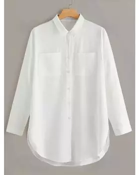 Однотонная рубашка больших размеров на пуговицах спереди, повседневная рубашка с длинными рукавами с изогнутым подолом и карманами на весну и осень, женская одежда больших размеров 1XL белый