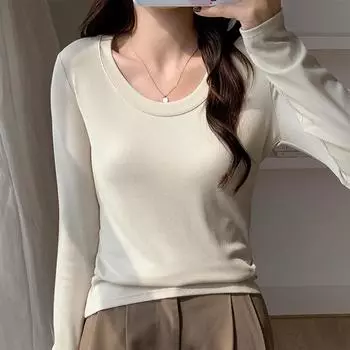 Однотонная рубашка для женщин в начале осени, новая футболка с длинными рукавами, облегающий крой, низкий круглый вырез, универсальный верх S