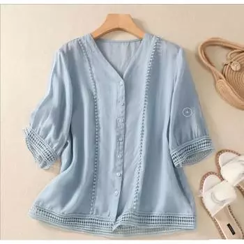 Однотонная рубашка из хлопка и льна, связанная крючком, женская художественная ретро рубашка из хлопка и льна, универсальная рубашка M синий