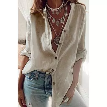 Однотонная рубашка из хлопка и льна с длинным рукавом, отложным воротником, свободные топы большого размера, весна-осень, женская блузка S белый