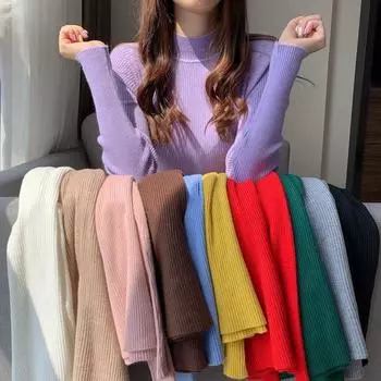 Однотонная рубашка-основа с полувысоким воротом, облегающий топ, женская осенняя трикотажная рубашка с длинными рукавами One Size белый