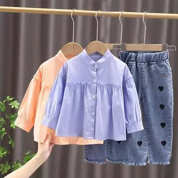 Однотонная рубашка с длинными рукавами для девочек, комплект из двух предметов с джинсами Love 80 синий