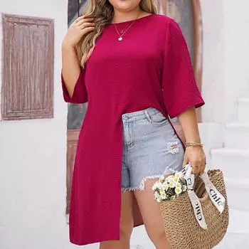 Однотонная рубашка с круглым вырезом для женщин, футболка с коротким рукавом и высоким низом, повседневный пляжный топ для отпуска, свободная дышащая легкая летняя рубашка плюс XL
