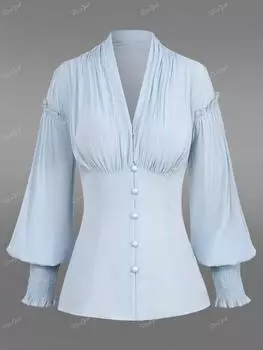 Однотонная рубашка с рюшами и готическим рукавом Rosegal, пуговицами и рюшами XL светло-синий