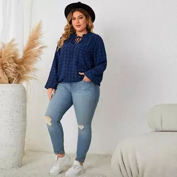 Однотонная рубашка с точечным принтом для женщин, v-образным вырезом, рюшами и длинными рукавами-фонариками, футболка с завязками на шее, работа, отпуск, повседневная модная дышащая легкая свободная рубашка XL синий