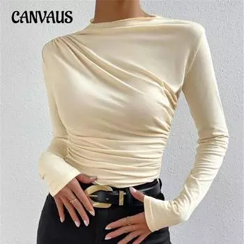 Однотонная рубашка с узким низом, плиссированная отделка, длинный рукав, футболка, женские топы