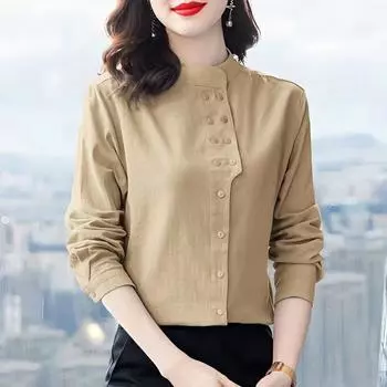 Однотонная рубашка темперамента женская весна осень повседневная мода универсальный топ в западном стиле маленькая рубашка с длинными рукавами S [Recommended below 47.5 kg]