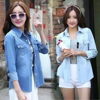 Однотонная рубашка, женские топы, повседневная женская джинсовая рубашка с длинным рукавом XS светло-синий