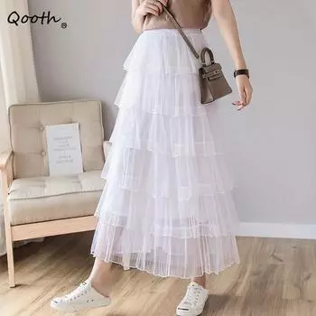 Юбка-торт из тюля Qooth Solid Mesh, модная офисная женская плиссированная юбка на весну и лето QT2327 розовый