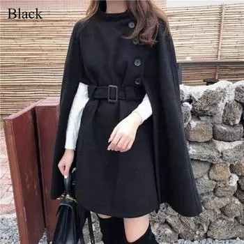 Однотонная шаль средней длины женское пальто зимняя новая мода модная коллекция повседневное шерстяное пальто с укороченной талией One Size чёрный