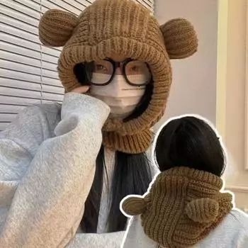 Однотонная шапка-балаклава с медвежьими ушками, ветрозащитная зимняя кепка-шлем для женщин белый