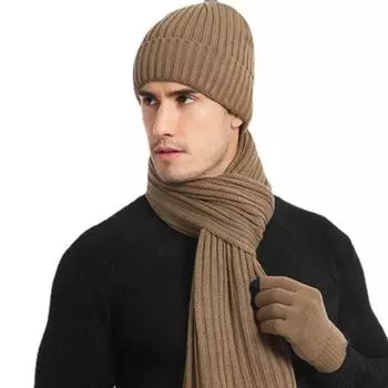 Однотонная шапка, шарф, перчатки, комплект, мягкая зимняя вязаная шапка-бини, 3 шт./комплект для холодной погоды серый