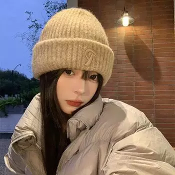 Однотонная шерстяная шапка женская осенне-зимняя защита ушей утолщенная холодная и теплая холодная шапка большая окружность головы M (56-59cm) three-fold R