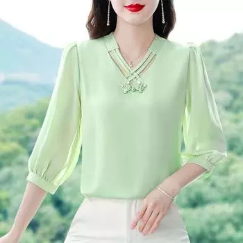 Однотонная шифоновая рубашка, женская новинка на лето, V-образный вырез, укороченный топ, рукав семь четвертей, универсальные пуловеры, шифоновая блузка 3XL