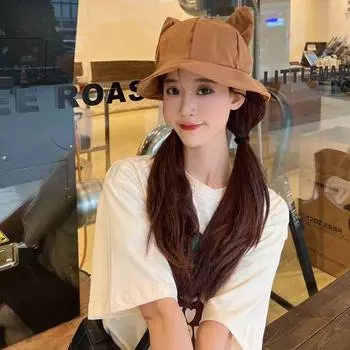 Однотонная симпатичная шляпа-ведро с широкими полями, повседневная походная кепка, переносная шляпа с кошачьими ушками для рыбалки на открытом воздухе хаки