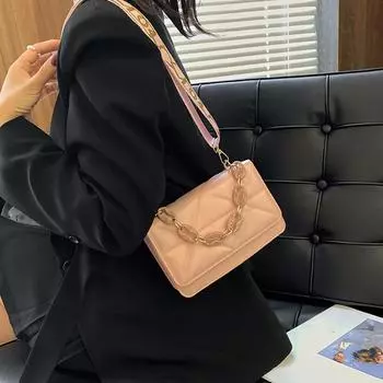 Однотонная сумка через плечо с широким ремнем на плечо, женская дорожная сумка-мессенджер с акриловой цепочкой, клетчатые сумки из искусственной кожи через плечо