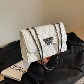 Однотонная сумка с вышитыми ромбами, женская, весна 2024, новый замок, модная ретро-сумка-мессенджер с цепочкой, маленькая квадратная сумка через плечо